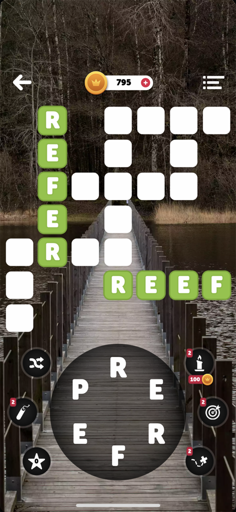 Words of the World! - A crossword puzzle level in the Words of the World app featuring a word grid over a scenic bridge and forest background.