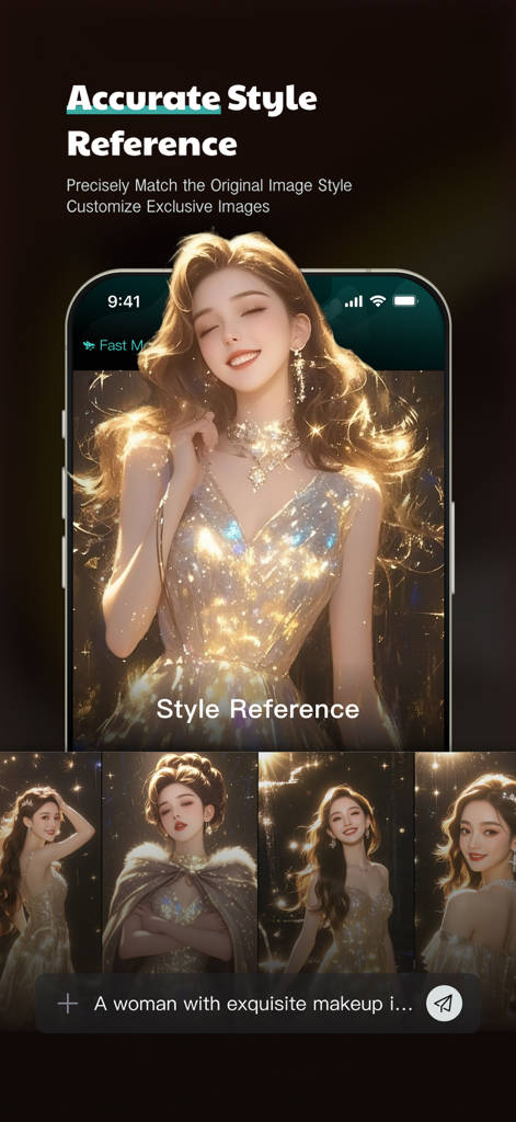 Banana Studio: Al Image Editor - A screenshot of Banana Studio AI Image Editor's style reference feature displaying high-quality generated images of a woman in sparkling attire.