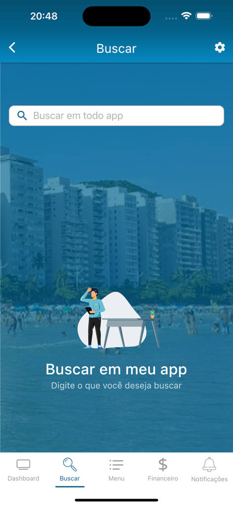 Amm Condomínios - Search interface of the Amm Condominios app with a search bar and coastal buildings background