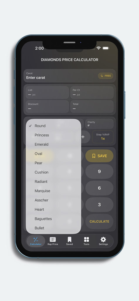 Una interfaz de aplicación móvil que muestra un menú de selección para diferentes formas de diamante como redondo, princesa y esmeralda.