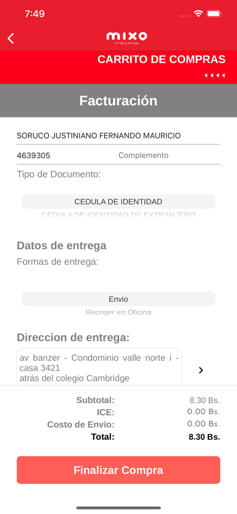 Tela de checkout do aplicativo Mixo exibindo detalhes de faturamento e endereço de entrega