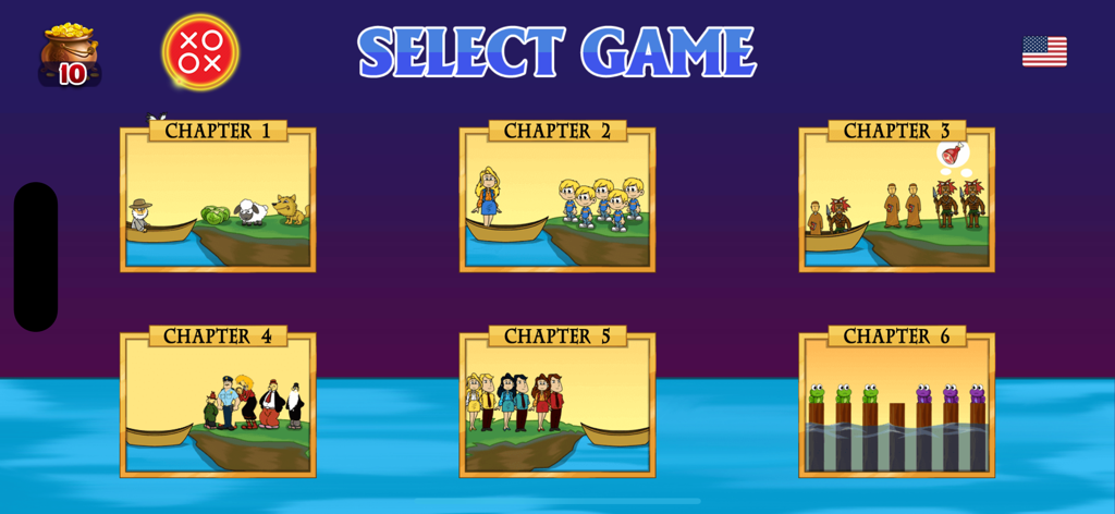 Game selection screen showing six different river crossing logic puzzle chapters