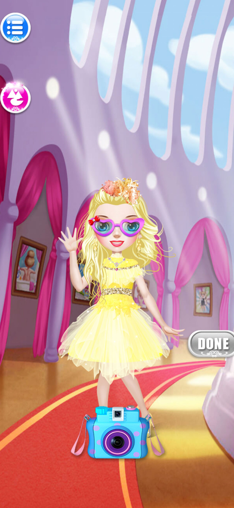 Princess Fashion Makeup - A princess character in a yellow dress and heart glasses waving on a red carpet