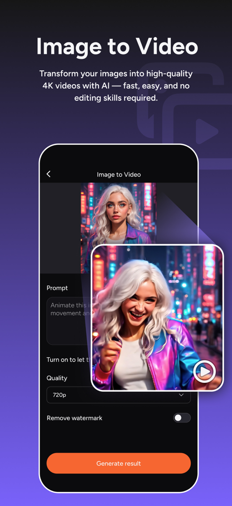 Akool app interface showing the image to video feature for creating AI animations from photos.