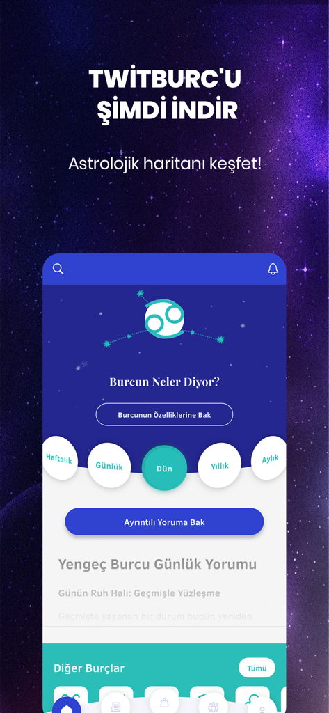 Twitburc: Astroloji & Burçlar - Twitburc mobile app screen showing a daily horoscope for the Cancer zodiac sign in Turkish