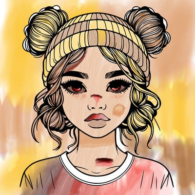 realistic girl with buns in her hair with a beanie on