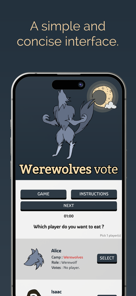 The Mobile Werewolf game interface showing the werewolves voting screen on a smartphone.