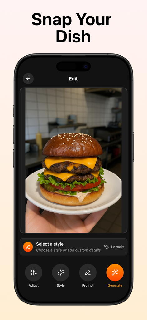 Interface of FoodShot AI app showing a double cheeseburger photo being edited for a professional menu look.