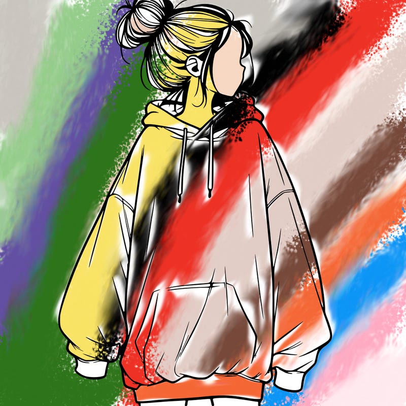 realistic girl with a oversized sweatshirt on and a bun