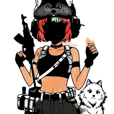 anime girl with crop top and gun with a wolf ushanka