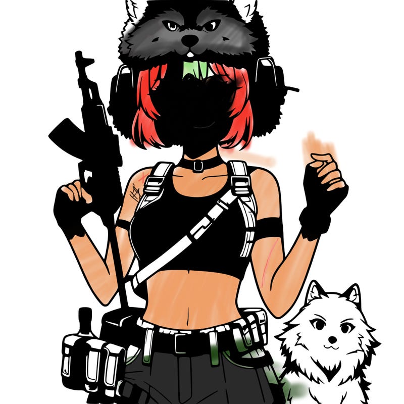 anime girl with crop top and gun with a wolf ushanka