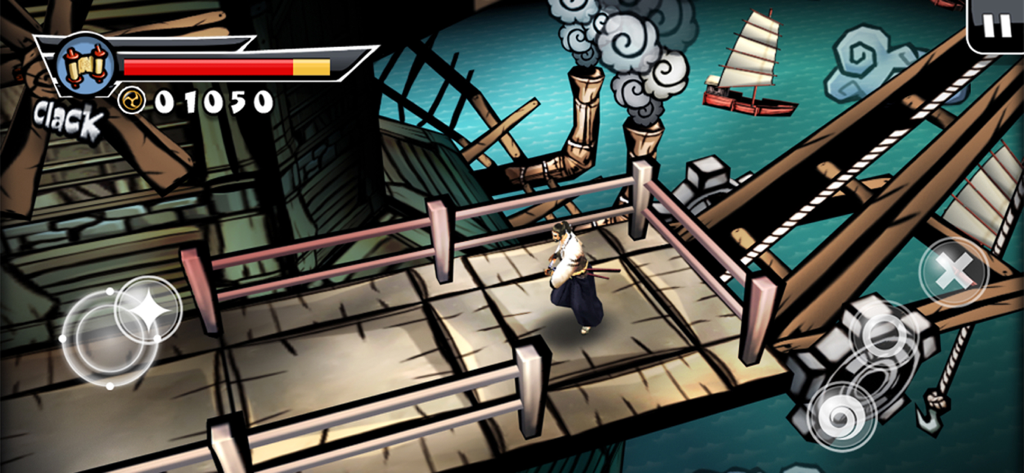 Samurai 2: Vengeance - Samurai character standing on a wooden walkway in the manga-style action game Samurai 2 Vengeance