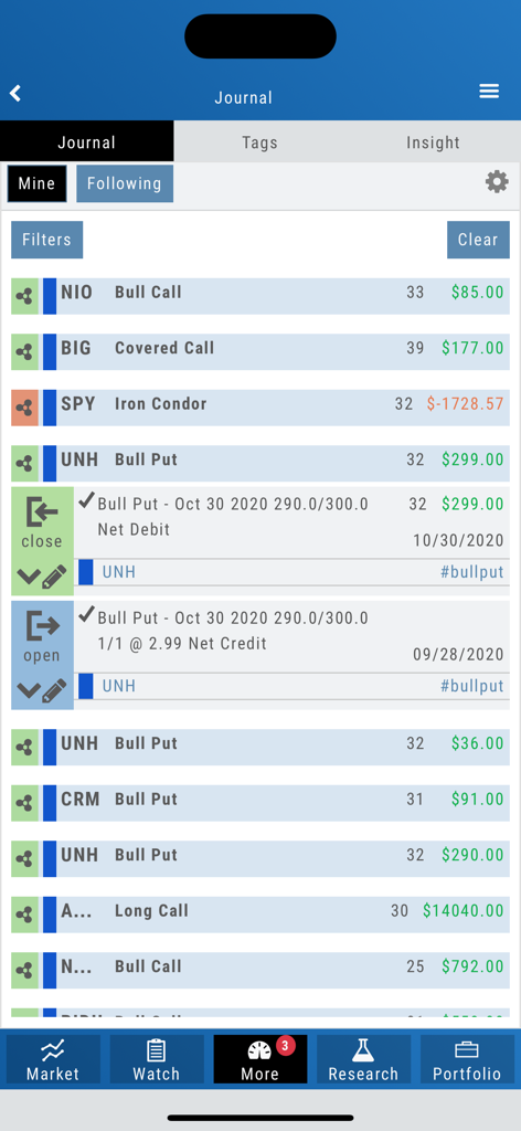 Interface da app Trade Tool, mostrando um diário de trading com estratégias de opções de ações e detalhes de lucro e perda