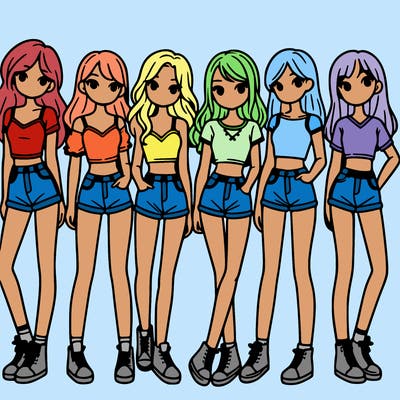 a group of girls wearing crop tops and shorts