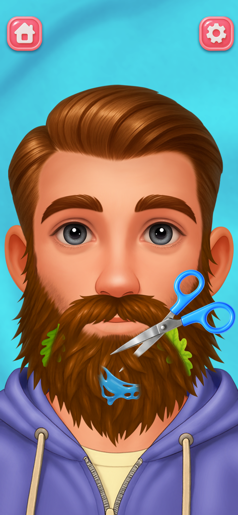 ASMR Makeover: Skincare Games - Um homem com barba desgrenhada sendo aparada com tesouras azuis em um jogo de higiene ASMR.