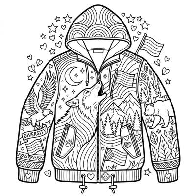 Color this captivating hoodie design celebrating the untamed beauty of wildlife merged with the vibrant spirit of Pride Month. Featuring majestic animals like a wolf, bear, and eagle alongside symbols of love and diversity, this page is perfect for an engaging and meaningful coloring experience.