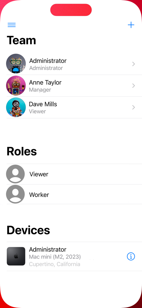 Interfaz que muestra listas de miembros del equipo, roles asignados y dispositivos autorizados en la aplicación Factura para Empresas