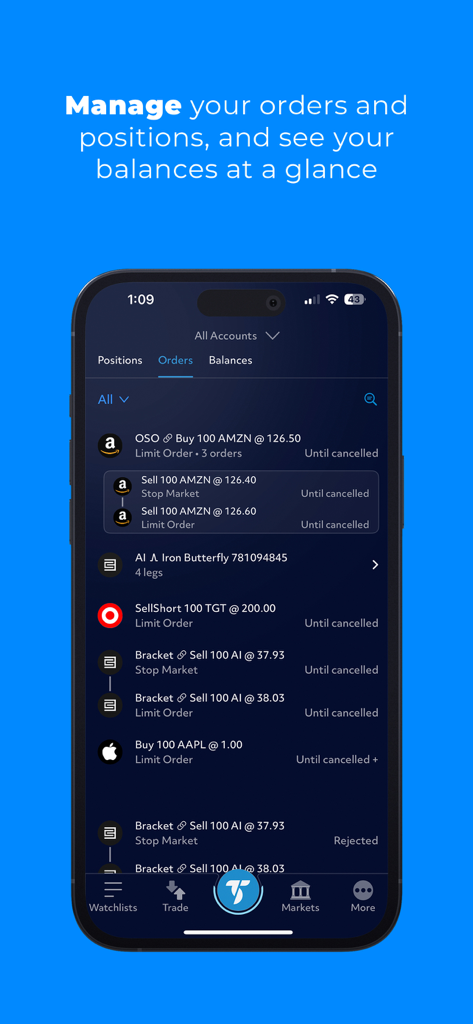 App mobile TradeStation che mostra gli ordini attivi di azioni e opzioni sulla dashboard.