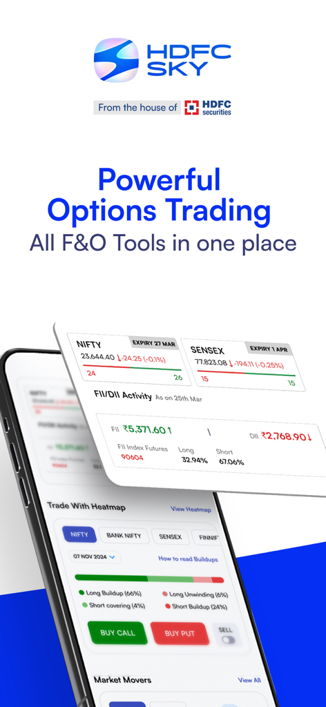 HDFC SKY mobile app dashboard for professional options trading and F&O market analysis.