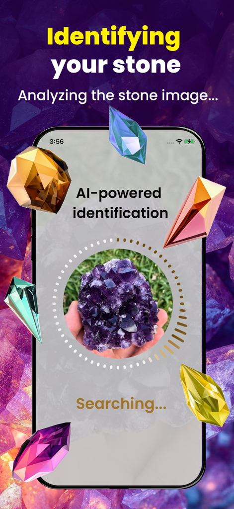 Rock Identifier: Stone Checker - Mobile app interface showing AI powered identification of a purple amethyst crystal