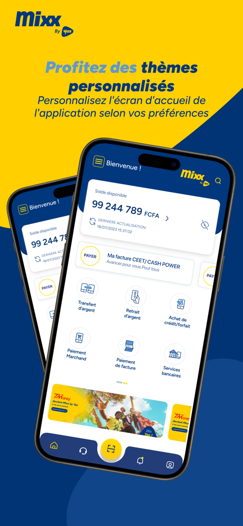 Mixx Togo - Mixx Togo app interface displaying customizable home screen and financial features like money transfer and bill payments