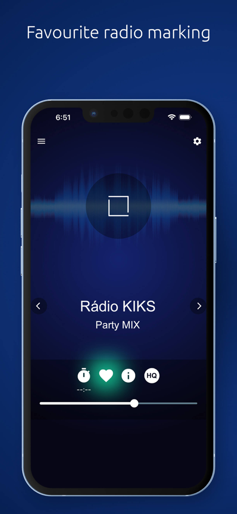 SK Radio - SK Radio App-Oberfläche auf einem Smartphone, die den Player-Bildschirm mit einem hervorgehobenen Herz-Symbol zur Markierung eines Lieblingsradiosenders zeigt