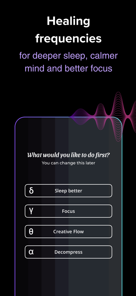 Echobay Heal: Binaural Beats - Echobay Heal app onboarding screen showing selection for sleep better focus creative flow and decompress