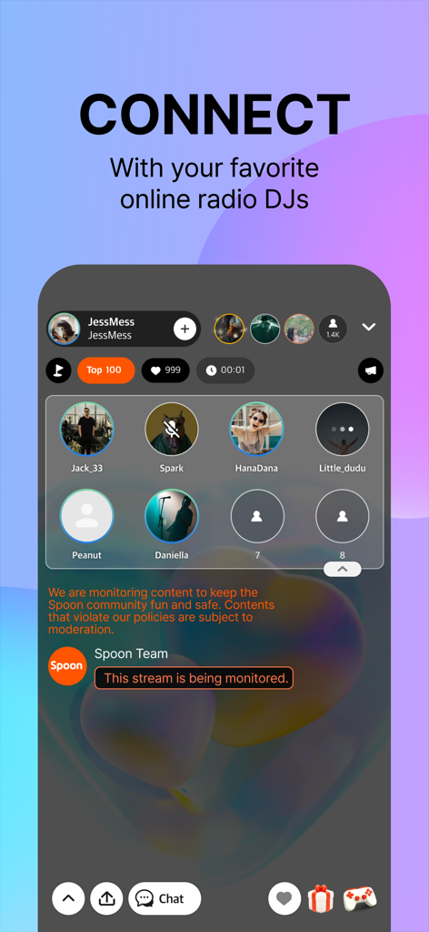 Spoon app interface showing an interactive live audio stream with multiple participants and online radio DJs.