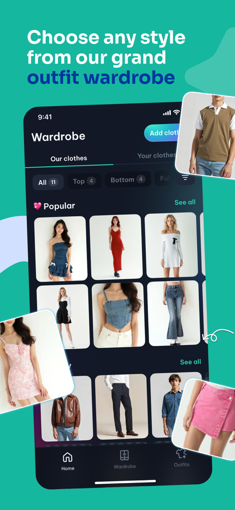 FitRoom app interface showing a digital wardrobe with various clothing styles and outfits on models for virtual try-on