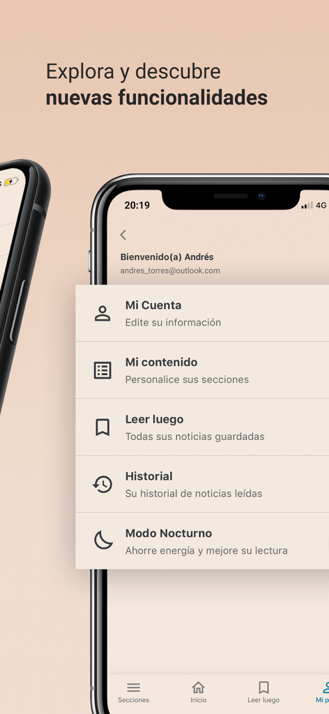 Menu del profilo utente dell'app di notizie Gestion che mostra le opzioni per l'account e la personalizzazione dei contenuti