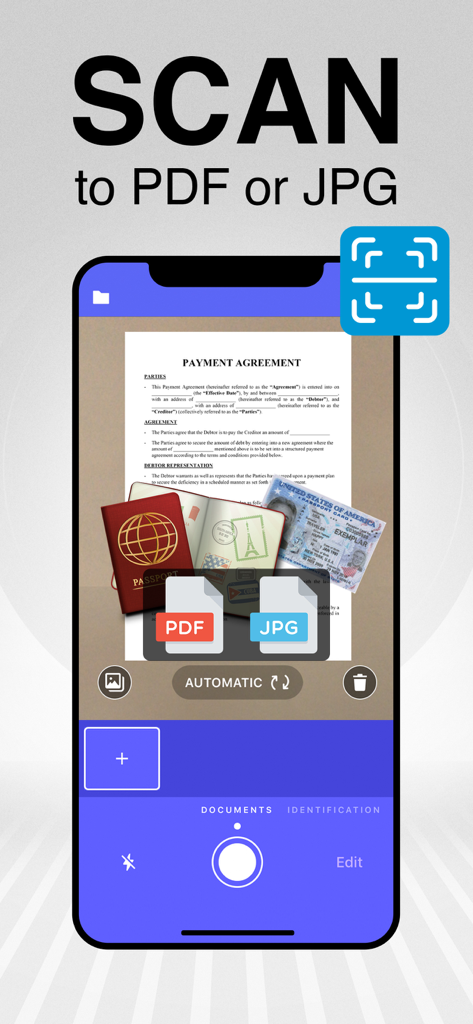 A smartphone showing the scan to PDF or JPG feature of the Scan Cloud app with a document and passport being scanned