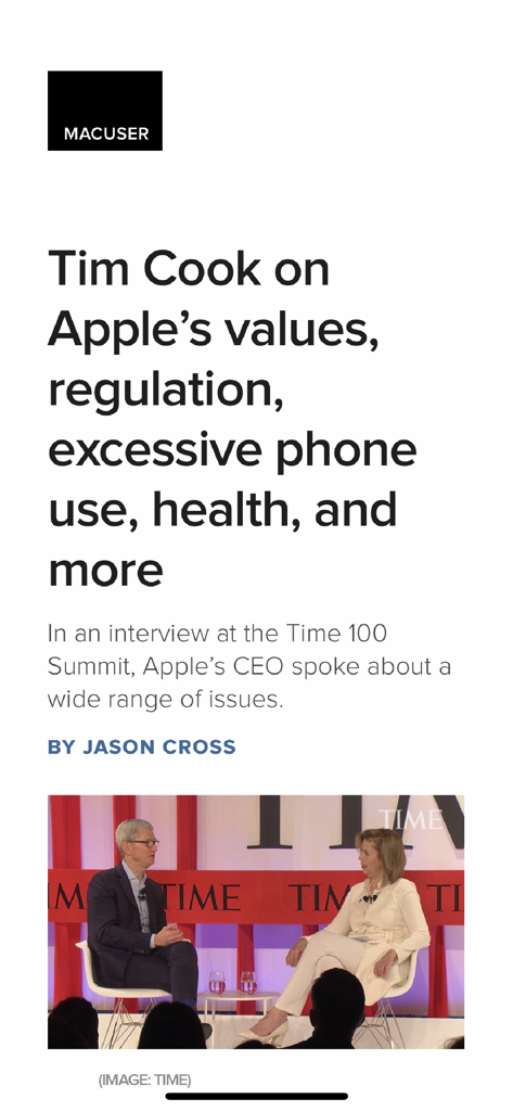 Un artículo en la aplicación Macworld sobre el CEO de Apple, Tim Cook, discutiendo valores y salud en la Cumbre Time 100.