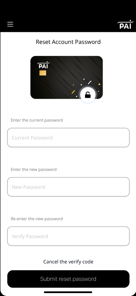 Pai-Pay - Pai-Pay app account password reset screen with input fields