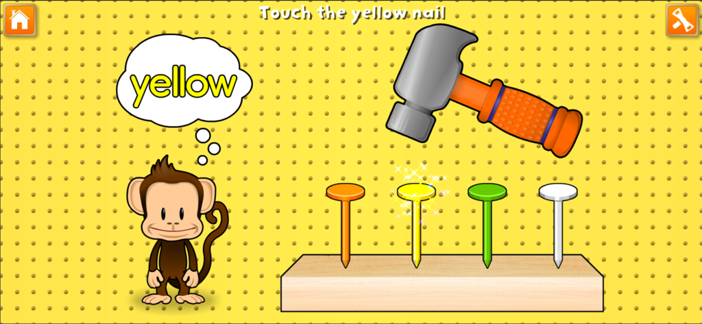 Educational game screen where a monkey asks the user to touch a yellow nail to be hit by a hammer