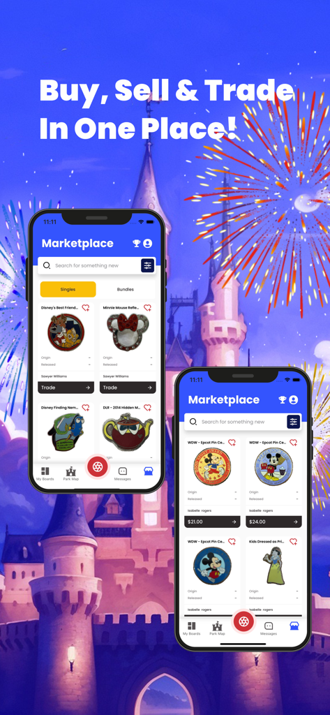 Two mobile screens displaying the MagicPin marketplace for buying selling and trading Disney pins