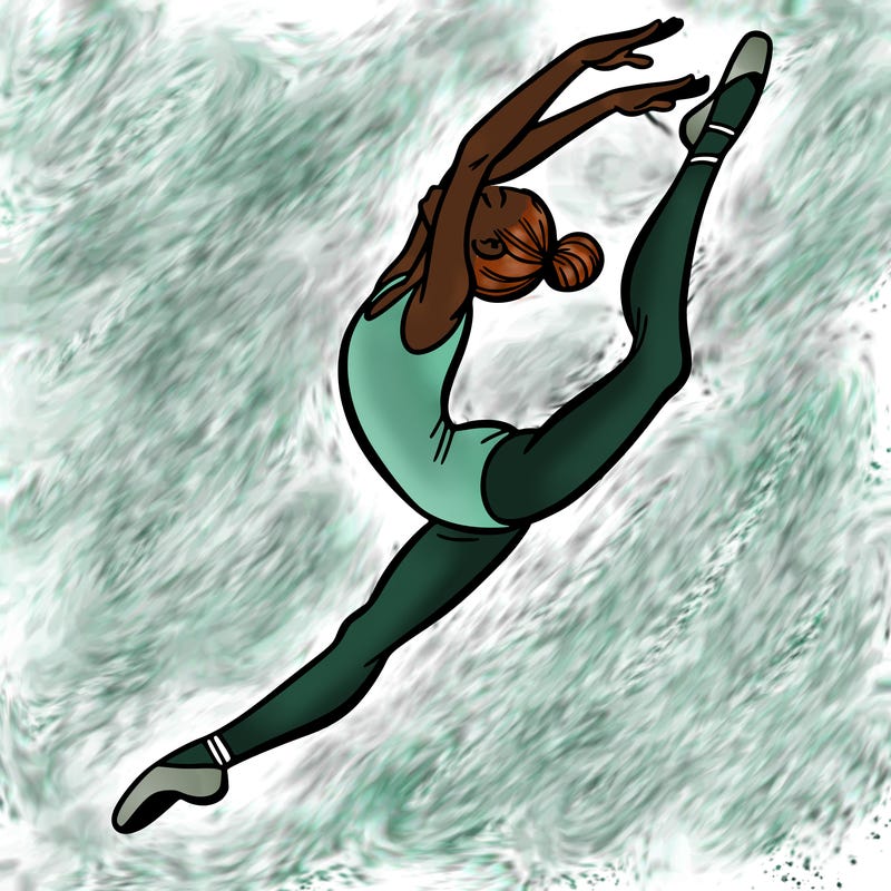 gymnast doing a leap in a leotard with a bent back leg