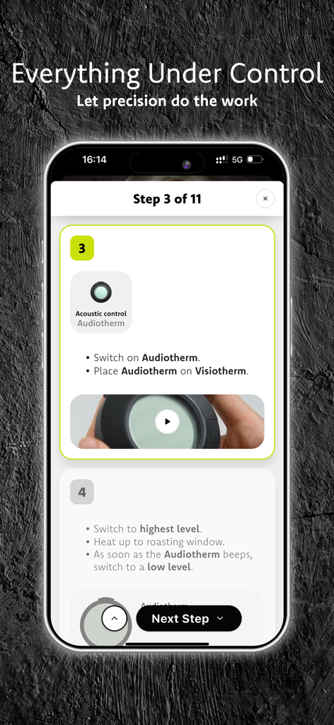 AbyAMC Cook & Go - Step-by-step guided cooking instructions in the AbyAMC Cook and Go mobile app interface.