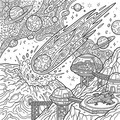 Prepare for an epic interstellar journey with this captivating coloring page. Witness a dramatic comet impact amidst futuristic space stations and alien landscapes, perfect for an adventurous coloring escape.