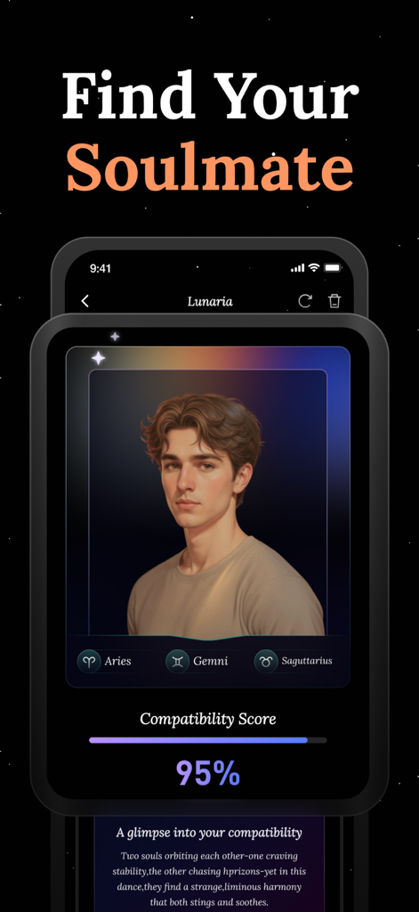 Lunaria AI - Soulmate Drawing - Un smartphone que muestra un retrato de alma gemela generado por IA con una puntuación de compatibilidad del 95 por ciento y signos del zodíaco en la aplicación Lunaria AI.