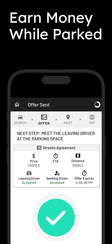 ParkNYC: Street Parking - Smartphone screen displaying a parking spot exchange agreement in the Streeto app