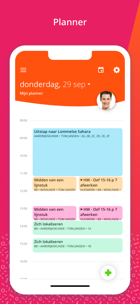 Smartschool - Smartschool mobile app interface showing a daily school planner with color-coded classes and homework assignments.
