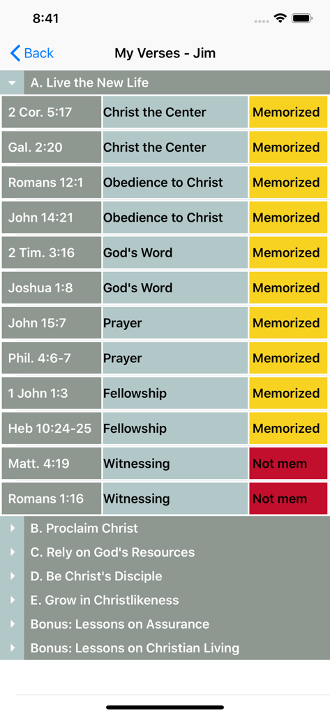 NavsTMS - A screen showing the status of memorized Bible verses in the NavsTMS app.
