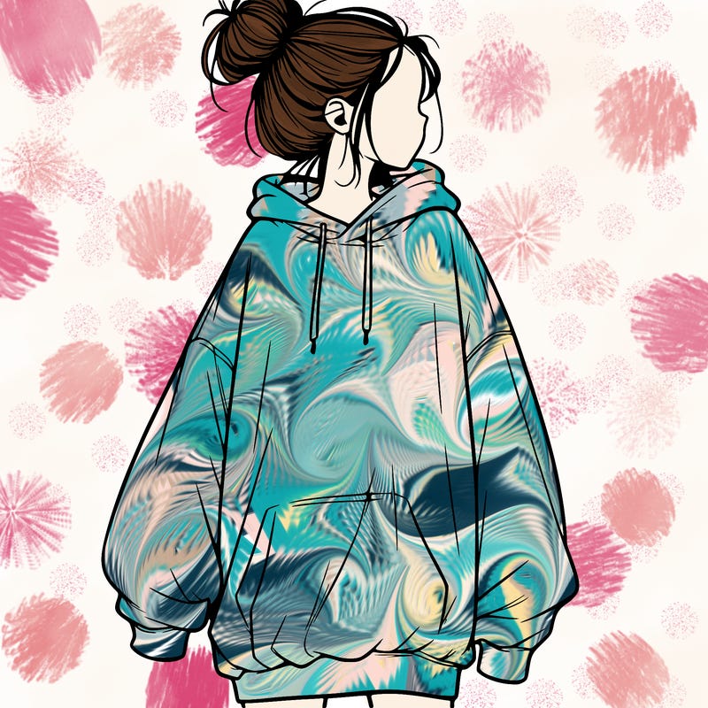 realistic girl with a oversized sweatshirt on and a bun