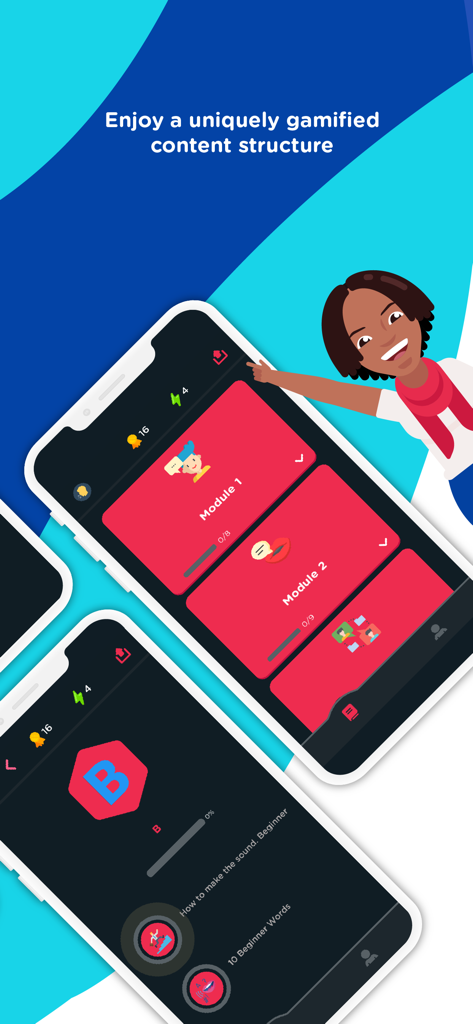 English with Tiffani - Una captura de pantalla de una aplicación móvil que muestra un camino de aprendizaje de inglés gamificado con módulos y una ilustración de dibujos animados de la Profesora Tiffani.