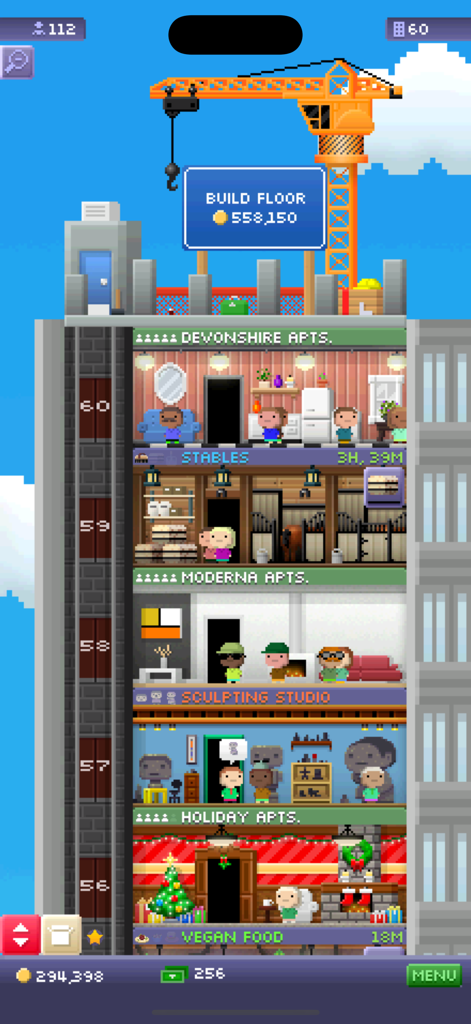 Tiny Tower Classic - Gameplay screenshot of Tiny Tower Classic showing multiple pixel art floors and a construction crane