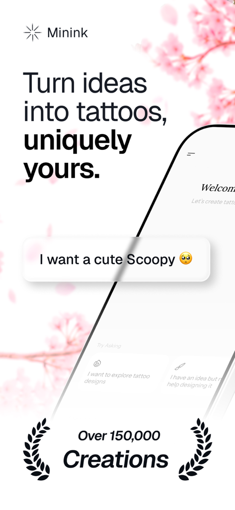 Minink - AI Tattoo Artist - Minink AI Tattoo Artist app interface showing a user prompt for a custom tattoo design and a milestone of over 150000 creations.