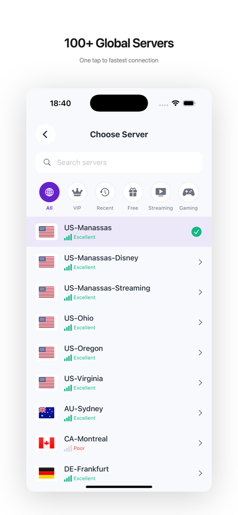 SuperVPN app interface showing a list of global servers with categories for streaming and gaming