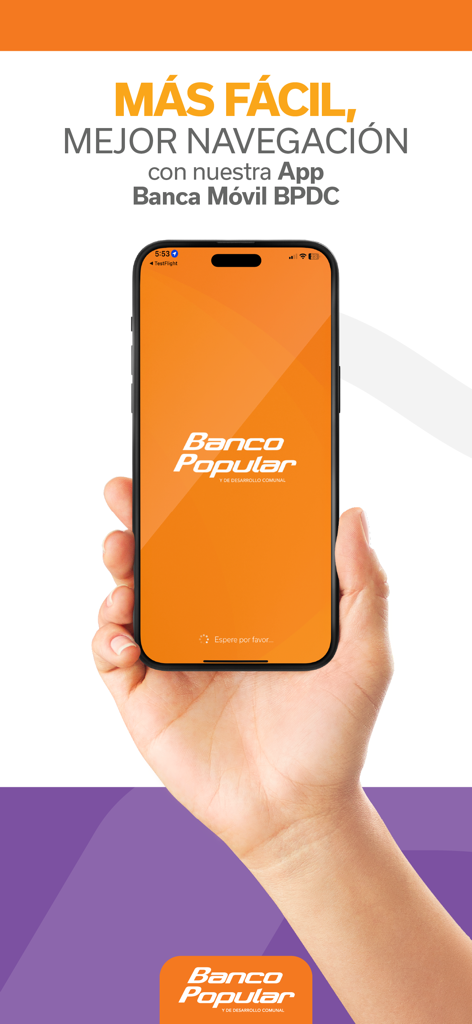 Una mano che tiene uno smartphone che mostra la schermata iniziale dell'app di mobile banking del Banco Popular