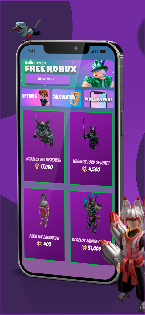 RBX & Codes: Skins Coins - Mobile app interface showing a catalog of Roblox skins with prices and a free Robux guide banner.