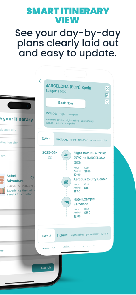 Lets2Go: AI Trip Planner - A smartphone screen displaying a detailed day-by-day travel itinerary for a Barcelona trip with cost estimates and booking options.